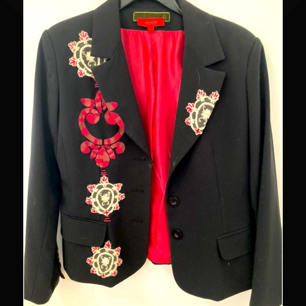 Black jacket with lace appliqué and embroidery